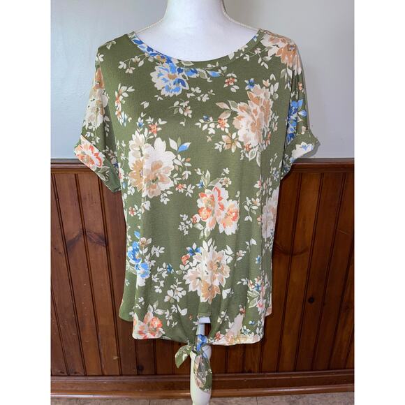 NWT‎ Womens Emily Daniels Green Floral Short Sleeve Tie Front Blouse Size L - Picture 1 of 8